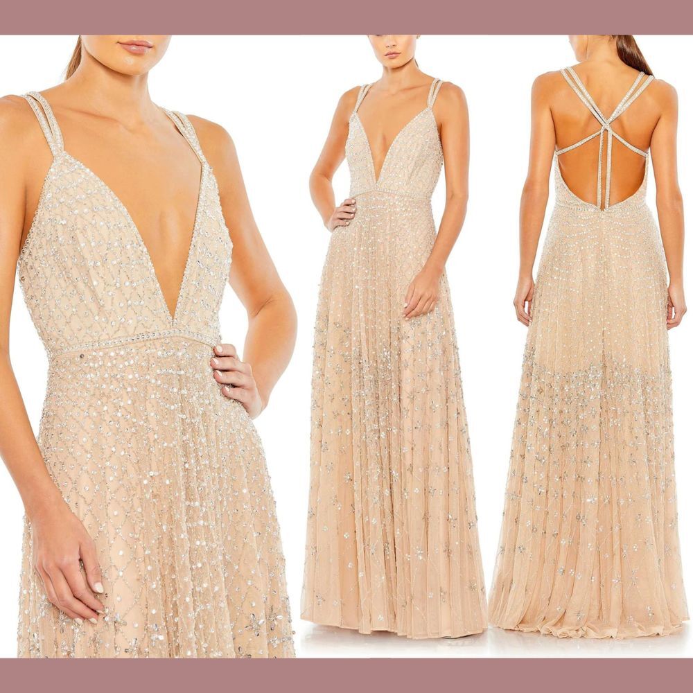 NWT $698 Mac Duggal [ 2 ] 93701 Sleeveless Plunge‎ Neck Strappy Gown Nude #Q808